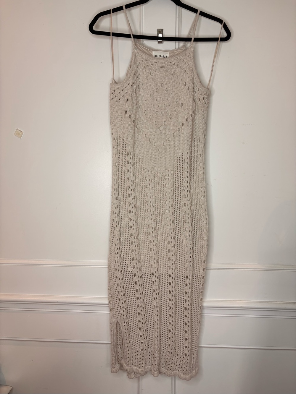Olive + Oak Beige Crochet Midi Dress with Spaghetti Straps